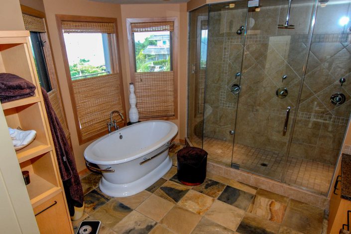 A photo of the master bathroom, cedar shake hill side estate built by Surfside Construction.