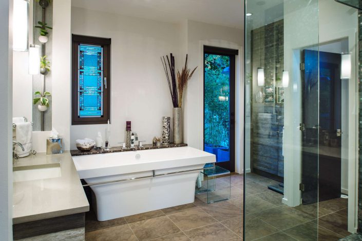 a photograph of the master bathroom in the west beach home built by surfside construction inc.