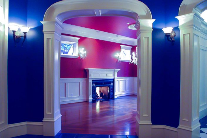 A photo of the hallway looking into the living room of the victorian replica as built by surfside construction inc.