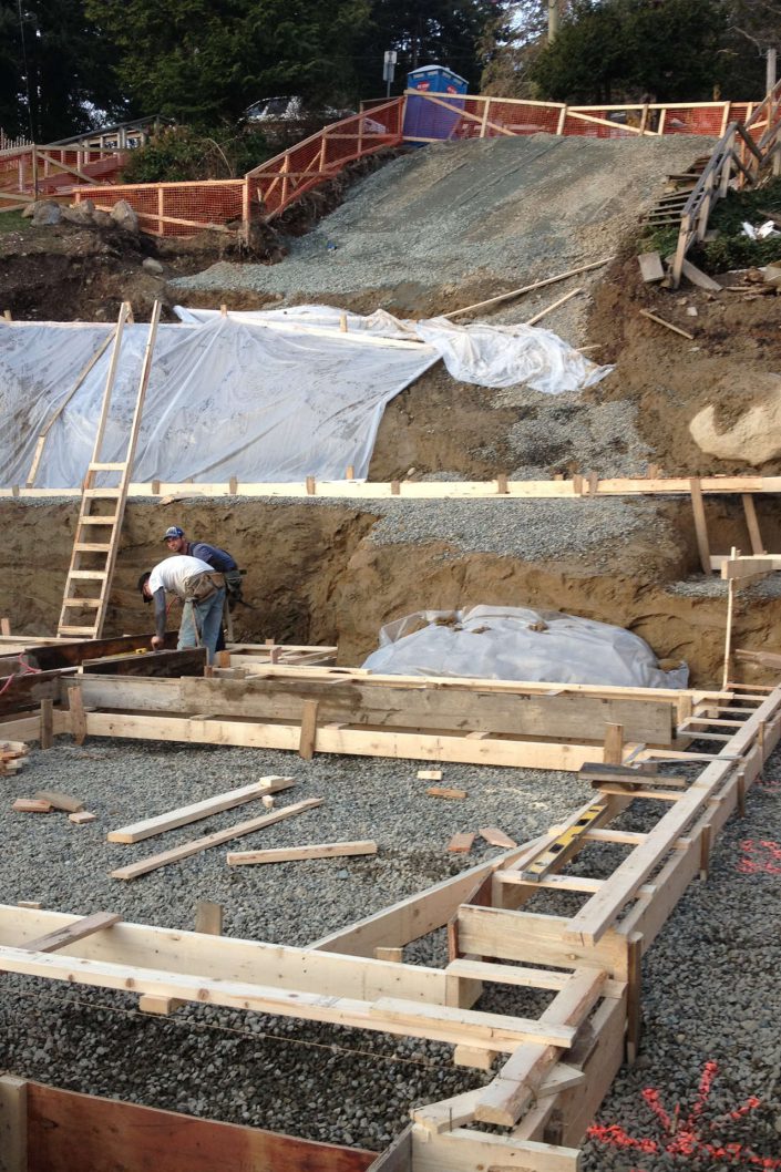 A photo of the preparation of the foundation walls for the west beach home in white rock bc as built by surfside construction inc.