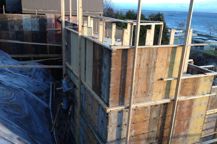 A shot of the tall foundation wall framing ready for concrete of the west beach home in white rock bc as built by surfside construction inc.