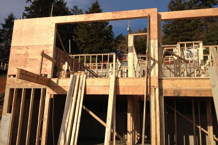 A photo looking up at the framing of the west beach home as built by surfside construction inc.