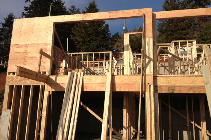 A photo looking up at the framing of the west beach home as built by surfside construction inc.
