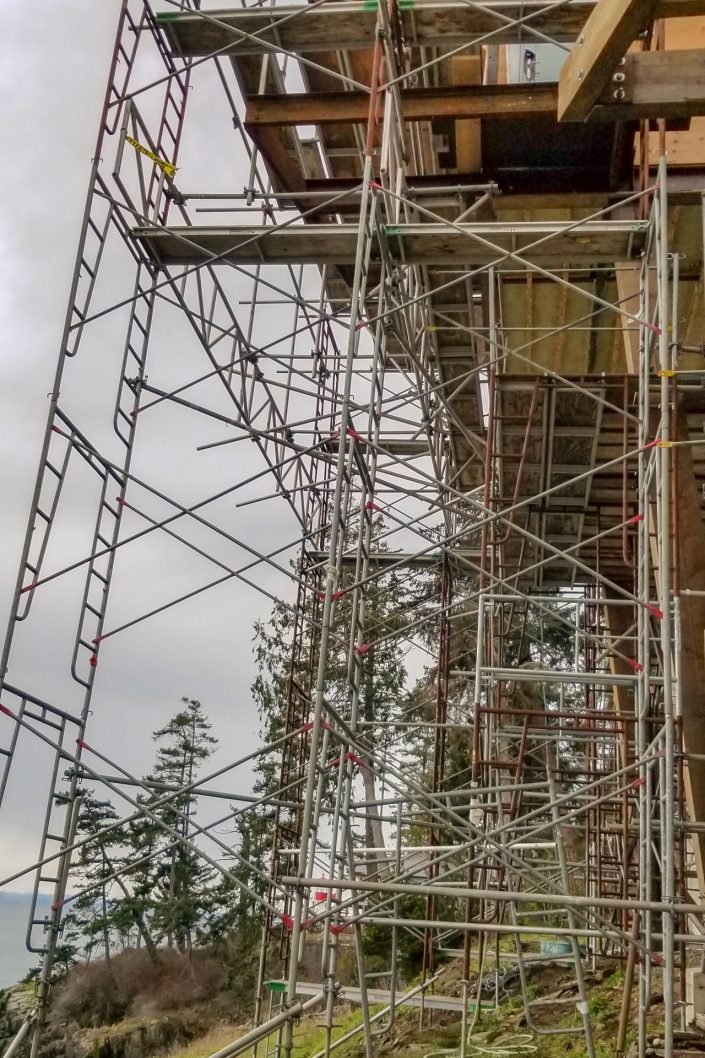A photograph of the scaffolding used on the new home in Shirley BC.